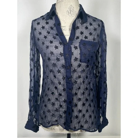 Diane von Furstenberg Lorelei Blue Star Print Sheer Chiffon Blouse Women's Sz 2 - Picture 4 of 14